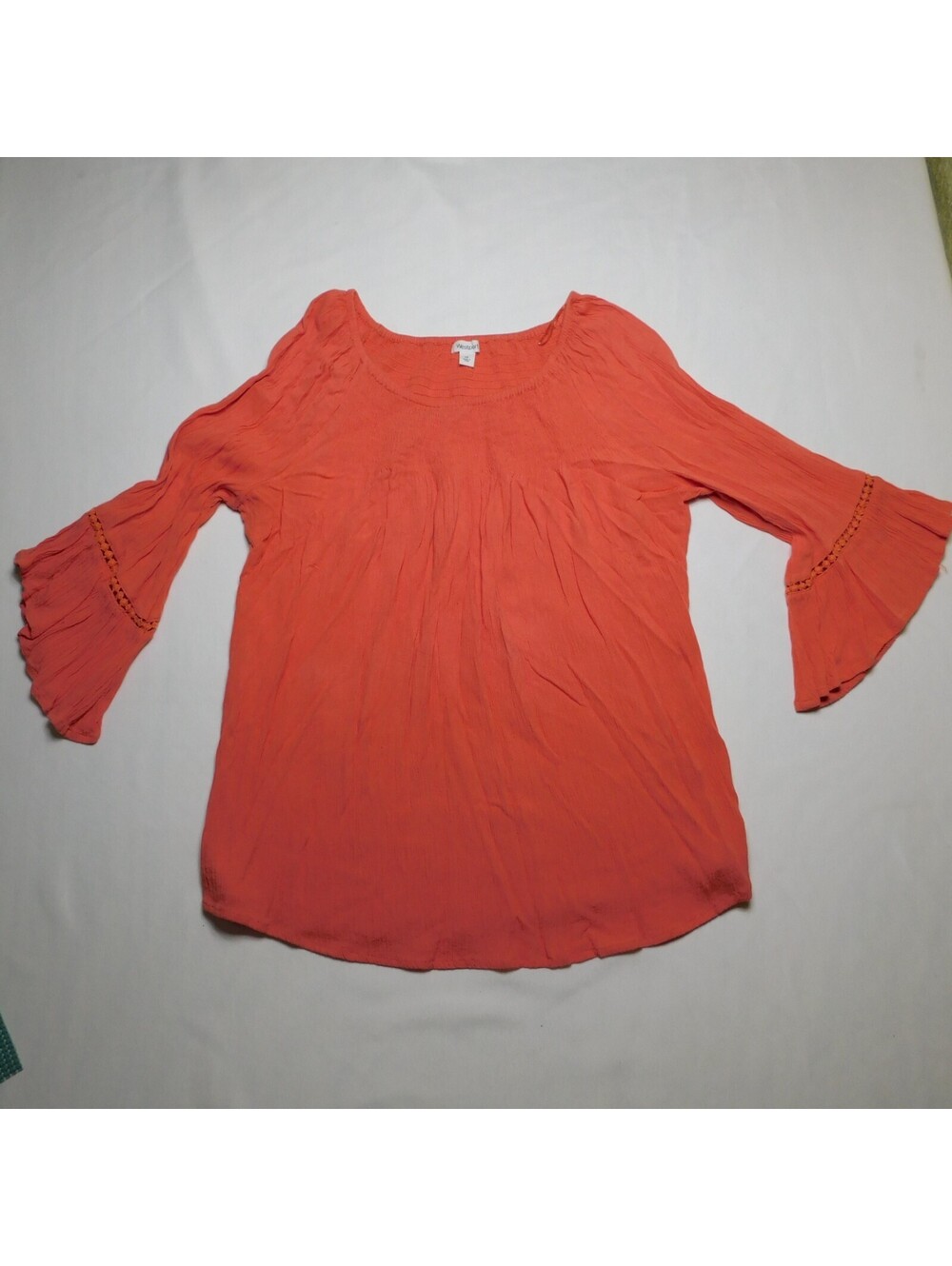 Westport Boho Bell Sleeve Blouse Womens Medium Coral Pink Smocked Neck Top M